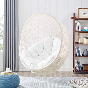 Modway Hide Wicker Rattan Outdoor Patio Porch Lounge Egg Swing Chair Set with Stand in White