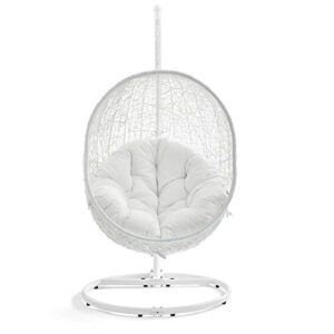 Modway Hide Wicker Rattan Outdoor Patio Porch Lounge Egg Swing Chair Set with Stand in White