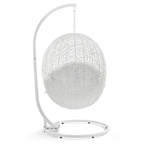 Modway Hide Wicker Rattan Outdoor Patio Porch Lounge Egg Swing Chair Set with Stand in White