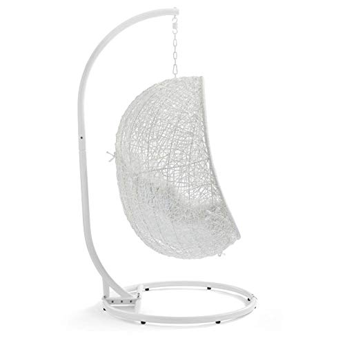 Modway Hide Wicker Rattan Outdoor Patio Porch Lounge Egg Swing Chair Set with Stand in White