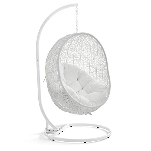 Modway Hide Wicker Rattan Outdoor Patio Porch Lounge Egg Swing Chair Set with Stand in White