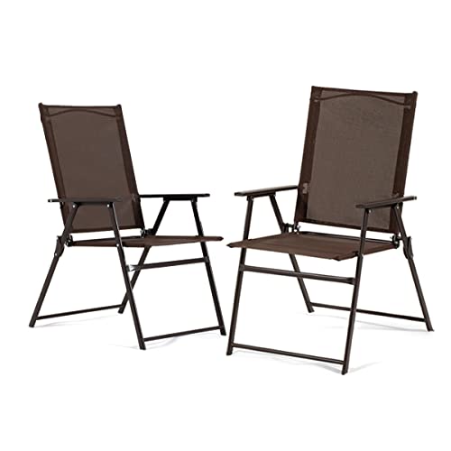 Bigroof Patio Dining Chairs Set of 2, Outdoor Portable Folding Chairs, 2-Pack Patio Chairs, Lawn Chair with Armrest and Metal Frame, Suitable for Camping Pool Beach Deck (2, Brown)