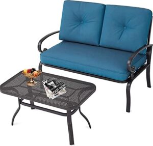 oakcloud outdoor 2 pcs patio loveseat bench metal frame furniture set with thick cushions and coffee table, wrought iron look (peacock blue)