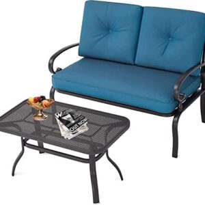 Oakcloud Outdoor 2 Pcs Patio Loveseat Bench Metal Frame Furniture Set with Thick Cushions and Coffee Table, Wrought Iron Look (Peacock Blue)