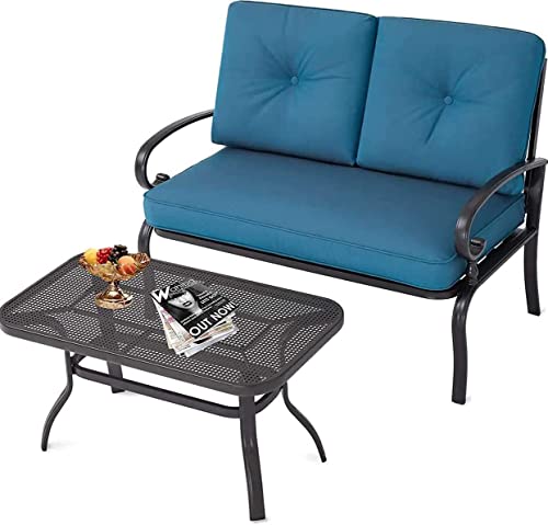 Oakcloud Outdoor 2 Pcs Patio Loveseat Bench Metal Frame Furniture Set with Thick Cushions and Coffee Table, Wrought Iron Look (Peacock Blue)