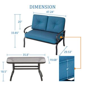 Oakcloud Outdoor 2 Pcs Patio Loveseat Bench Metal Frame Furniture Set with Thick Cushions and Coffee Table, Wrought Iron Look (Peacock Blue)