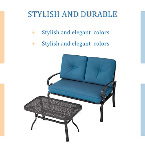 Oakcloud Outdoor 2 Pcs Patio Loveseat Bench Metal Frame Furniture Set with Thick Cushions and Coffee Table, Wrought Iron Look (Peacock Blue)