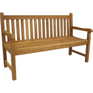 sunnydaze solid teak outdoor bench – light brown wood stain finish – mission style – 59 inches long – patio, deck, lawn, garden, terrace or backyard