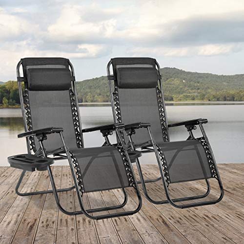 Her Majesty Adjustable Lounge Recliner Chair Set of 2 with Cup Holders Pillow for Patio Outdoor Yard Beach,Black