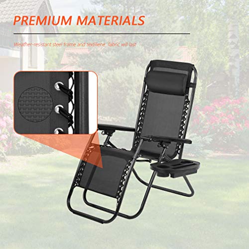 Her Majesty Adjustable Lounge Recliner Chair Set of 2 with Cup Holders Pillow for Patio Outdoor Yard Beach,Black