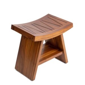 mybaq teak shower bench – with shelf, curved, 18 inch, teak shower wood stool for bathroom, spa, garden, fully assembled