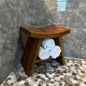 MYBAQ Teak Shower Bench - with Shelf, Curved, 18 Inch, Teak Shower Wood Stool for Bathroom, Spa, Garden, Fully Assembled