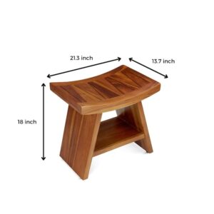 MYBAQ Teak Shower Bench - with Shelf, Curved, 18 Inch, Teak Shower Wood Stool for Bathroom, Spa, Garden, Fully Assembled