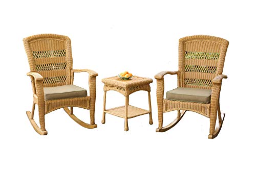 Tortuga Outdoor Portside Plantation 3pc Rocking Chair Set - White, Dark Roast and Amber Wicker with Cushions (Amber)