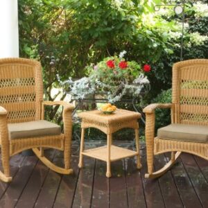 Tortuga Outdoor Portside Plantation 3pc Rocking Chair Set - White, Dark Roast and Amber Wicker with Cushions (Amber)