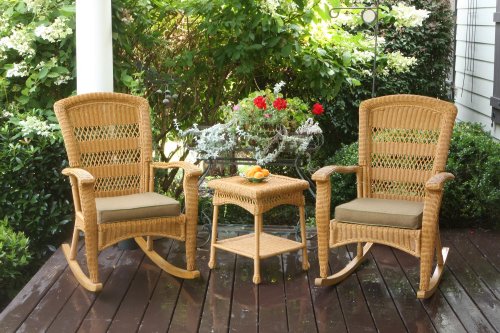 Tortuga Outdoor Portside Plantation 3pc Rocking Chair Set - White, Dark Roast and Amber Wicker with Cushions (Amber)