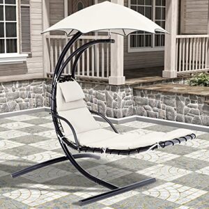 Fundouns Outdoor Hanging Lounge Chair with Stand, Patio Curved Steel Chaise Swing with Removable Olefin Canopy and Cushion,Off-White