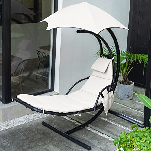 Fundouns Outdoor Hanging Lounge Chair with Stand, Patio Curved Steel Chaise Swing with Removable Olefin Canopy and Cushion,Off-White