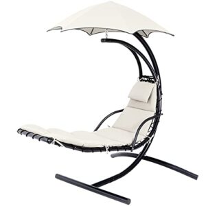 Fundouns Outdoor Hanging Lounge Chair with Stand, Patio Curved Steel Chaise Swing with Removable Olefin Canopy and Cushion,Off-White