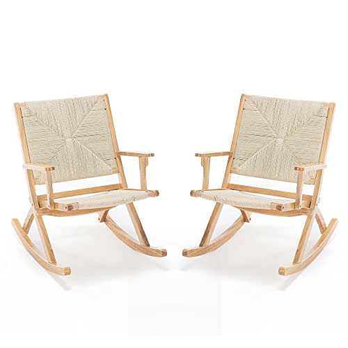 LUE BONA Indoor/Outdoor Handmade Relax Rocking Chair, 2 PcsComfy Rocker Chair Solid Wood Modern Accent Rocking Glider Chair with Rush Weave for Living Room, Bedroom, Balcony, Patio.