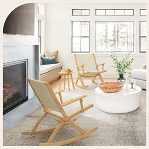 LUE BONA Indoor/Outdoor Handmade Relax Rocking Chair, 2 PcsComfy Rocker Chair Solid Wood Modern Accent Rocking Glider Chair with Rush Weave for Living Room, Bedroom, Balcony, Patio.