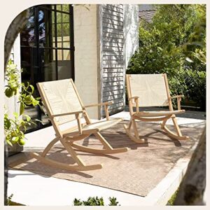 LUE BONA Indoor/Outdoor Handmade Relax Rocking Chair, 2 PcsComfy Rocker Chair Solid Wood Modern Accent Rocking Glider Chair with Rush Weave for Living Room, Bedroom, Balcony, Patio.
