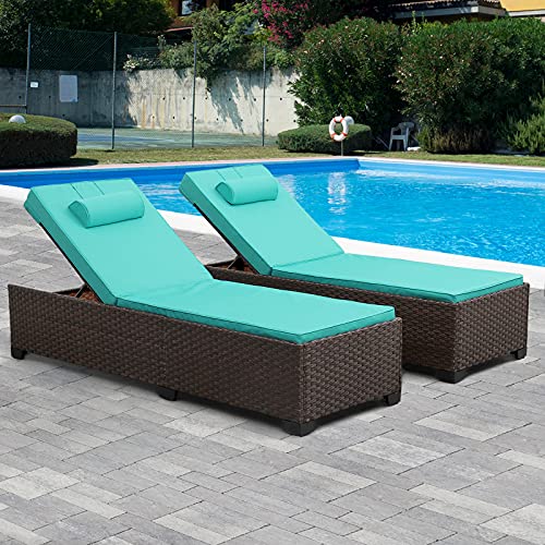 Valita 2-Piece Patio Rattan Chaise Lounge Adjustable Reclining Back Outdoor PE Wicker Furniture with Washable Turquoise Cushions Best Choice for Pool,Garden,Seaside