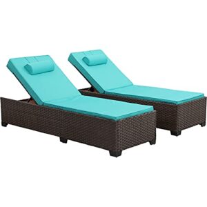 Valita 2-Piece Patio Rattan Chaise Lounge Adjustable Reclining Back Outdoor PE Wicker Furniture with Washable Turquoise Cushions Best Choice for Pool,Garden,Seaside