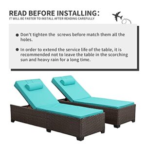 Valita 2-Piece Patio Rattan Chaise Lounge Adjustable Reclining Back Outdoor PE Wicker Furniture with Washable Turquoise Cushions Best Choice for Pool,Garden,Seaside