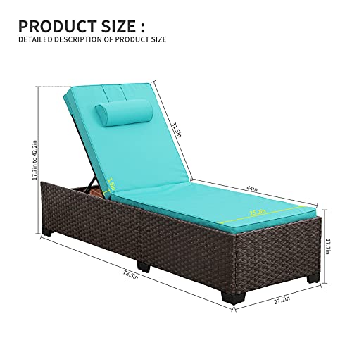 Valita 2-Piece Patio Rattan Chaise Lounge Adjustable Reclining Back Outdoor PE Wicker Furniture with Washable Turquoise Cushions Best Choice for Pool,Garden,Seaside