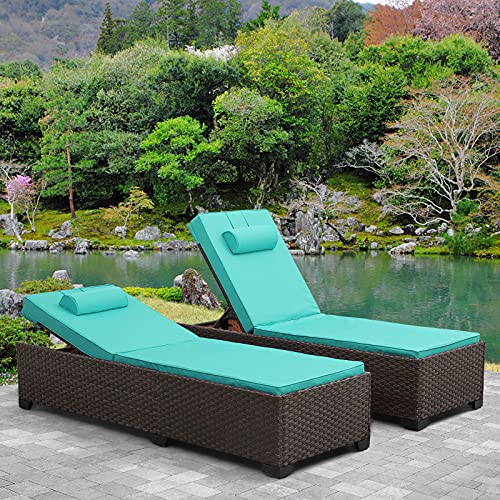 Valita 2-Piece Patio Rattan Chaise Lounge Adjustable Reclining Back Outdoor PE Wicker Furniture with Washable Turquoise Cushions Best Choice for Pool,Garden,Seaside