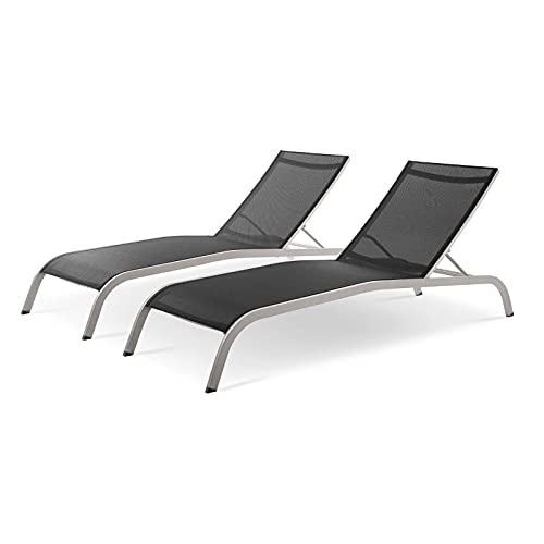 Lounge Chair Chaise, Set of 2, Aluminum, Metal, Black, Modern, Outdoor Patio Balcony Cafe Bistro