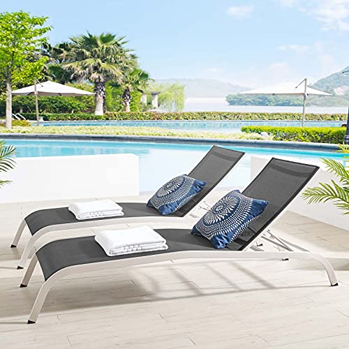 Lounge Chair Chaise, Set of 2, Aluminum, Metal, Black, Modern, Outdoor Patio Balcony Cafe Bistro