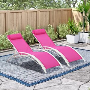 hyd-parts 2-pack outdoor chaise lounge chair with headrest, patio lawn chairs all weather lounger set five levels adjustable (pink)