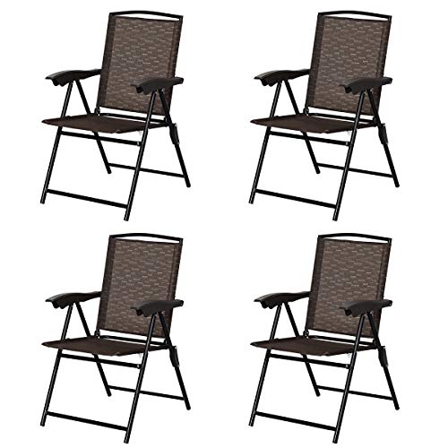 Giantex Set of 4 Patio Dining Chairs, Folding Outdoor Chairs, Adjustable Sling Back Chairs with Armrest, Portable Patio Chairs for Camping Garden Pool Beach Deck Lawn, Lounge Chairs (Brown)