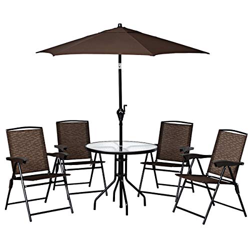 Giantex Set of 4 Patio Dining Chairs, Folding Outdoor Chairs, Adjustable Sling Back Chairs with Armrest, Portable Patio Chairs for Camping Garden Pool Beach Deck Lawn, Lounge Chairs (Brown)