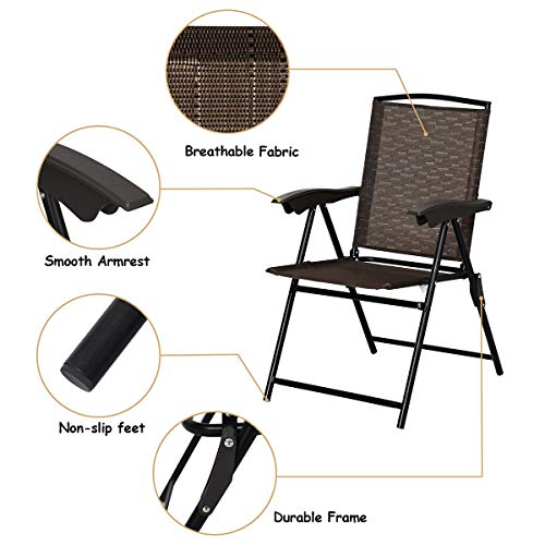 Giantex Set of 4 Patio Dining Chairs, Folding Outdoor Chairs, Adjustable Sling Back Chairs with Armrest, Portable Patio Chairs for Camping Garden Pool Beach Deck Lawn, Lounge Chairs (Brown)