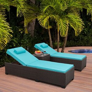 valita outdoor pe wicker chaise lounge set patio rattan adjustable reclining lounge chairs with cushions and matching storage table, turquoise