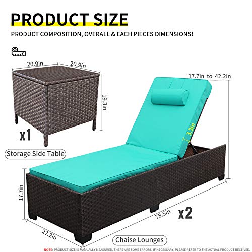 Valita Outdoor PE Wicker Chaise Lounge Set Patio Rattan Adjustable Reclining Lounge Chairs with Cushions and Matching Storage Table, Turquoise