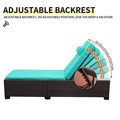 Valita Outdoor PE Wicker Chaise Lounge Set Patio Rattan Adjustable Reclining Lounge Chairs with Cushions and Matching Storage Table, Turquoise