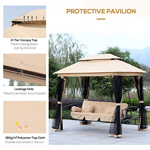 Outsunny 3-Seat Patio Swing Chair, Outdoor Gazebo Swing with Double Tier Canopy, Mesh Sidewalls, Cushioned Seat and Pillows, Beige