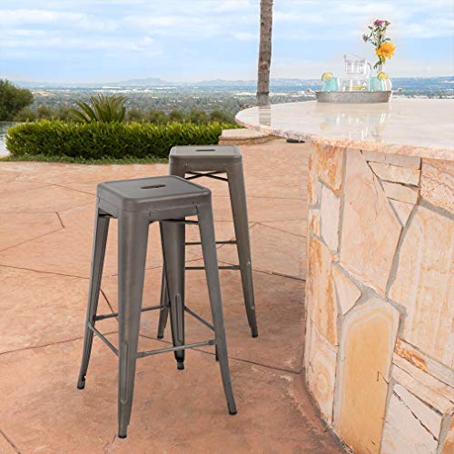 BestOffice Counter Height Metal Bar Stools Set of 4 Patio Stools Industrial Bar Chairs Indoor Outdoor Stackable 30 Inch Metal Stools Backless Metal Kitchen Stools Dining Barstools (Gun)