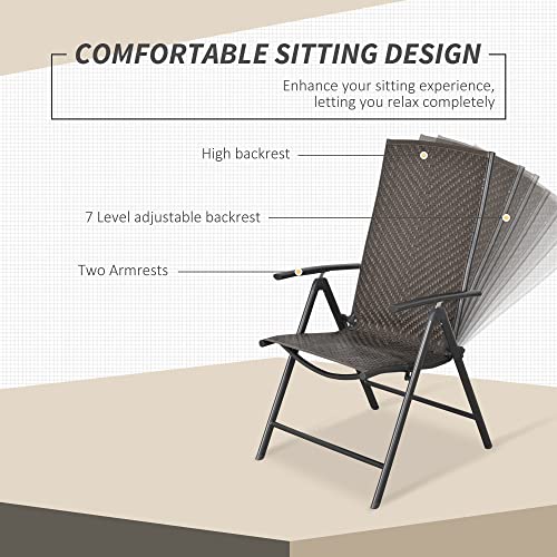 Outsunny Set of 2 Rattan Wicker Patio Dining Chairs with Backrest Adjustable and Folding Design, Outdoor Recliner Set for Garden, Backyard, Lawn, Balcony, Mixed Grey