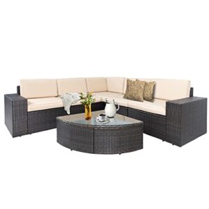 suncrown 6-piece outdoor sectional patio sofa furniture set, all-weather brown wicker conversation set with washable cushions and wedge coffee table, beige