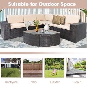 SUNCROWN 6-Piece Outdoor Sectional Patio Sofa Furniture Set, All-Weather Brown Wicker Conversation Set with Washable Cushions and Wedge Coffee Table, Beige