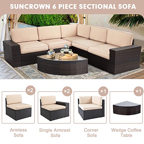 SUNCROWN 6-Piece Outdoor Sectional Patio Sofa Furniture Set, All-Weather Brown Wicker Conversation Set with Washable Cushions and Wedge Coffee Table, Beige