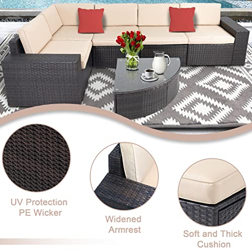 SUNCROWN 6-Piece Outdoor Sectional Patio Sofa Furniture Set, All-Weather Brown Wicker Conversation Set with Washable Cushions and Wedge Coffee Table, Beige