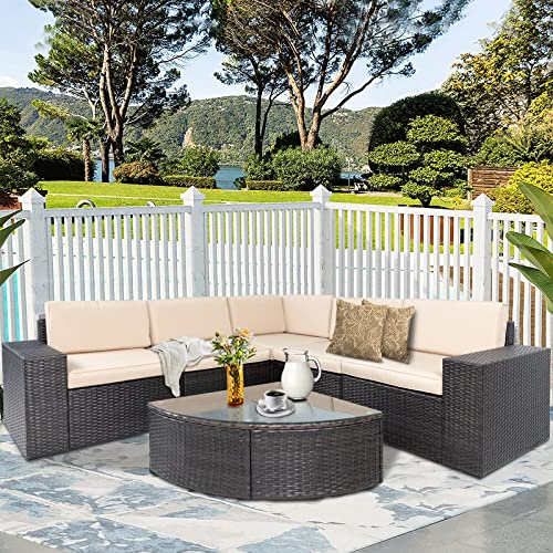 SUNCROWN 6-Piece Outdoor Sectional Patio Sofa Furniture Set, All-Weather Brown Wicker Conversation Set with Washable Cushions and Wedge Coffee Table, Beige