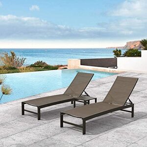 crestlive products adjustable outdoor chaise lounge chair and table set, aluminum lounge chairs set, five-position recliner, curved design, all weather for patio, beach, yard, pool(brown)