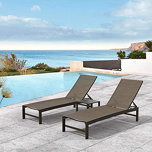 Crestlive Products Adjustable Outdoor Chaise Lounge Chair and Table Set, Aluminum Lounge Chairs Set, Five-Position Recliner, Curved Design, All Weather for Patio, Beach, Yard, Pool(Brown)